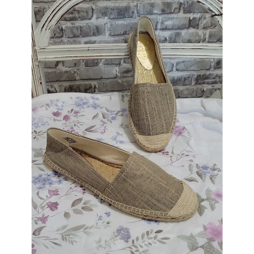 Nine West Womens 8M Espadrille Beach Flats Canvas Jute Gold Tan NW Maxy